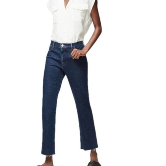 Frame Le High Straight Raw Hem Ankle Jeans 28 Dark Wash Stretch Denim - Picture 9 of 9